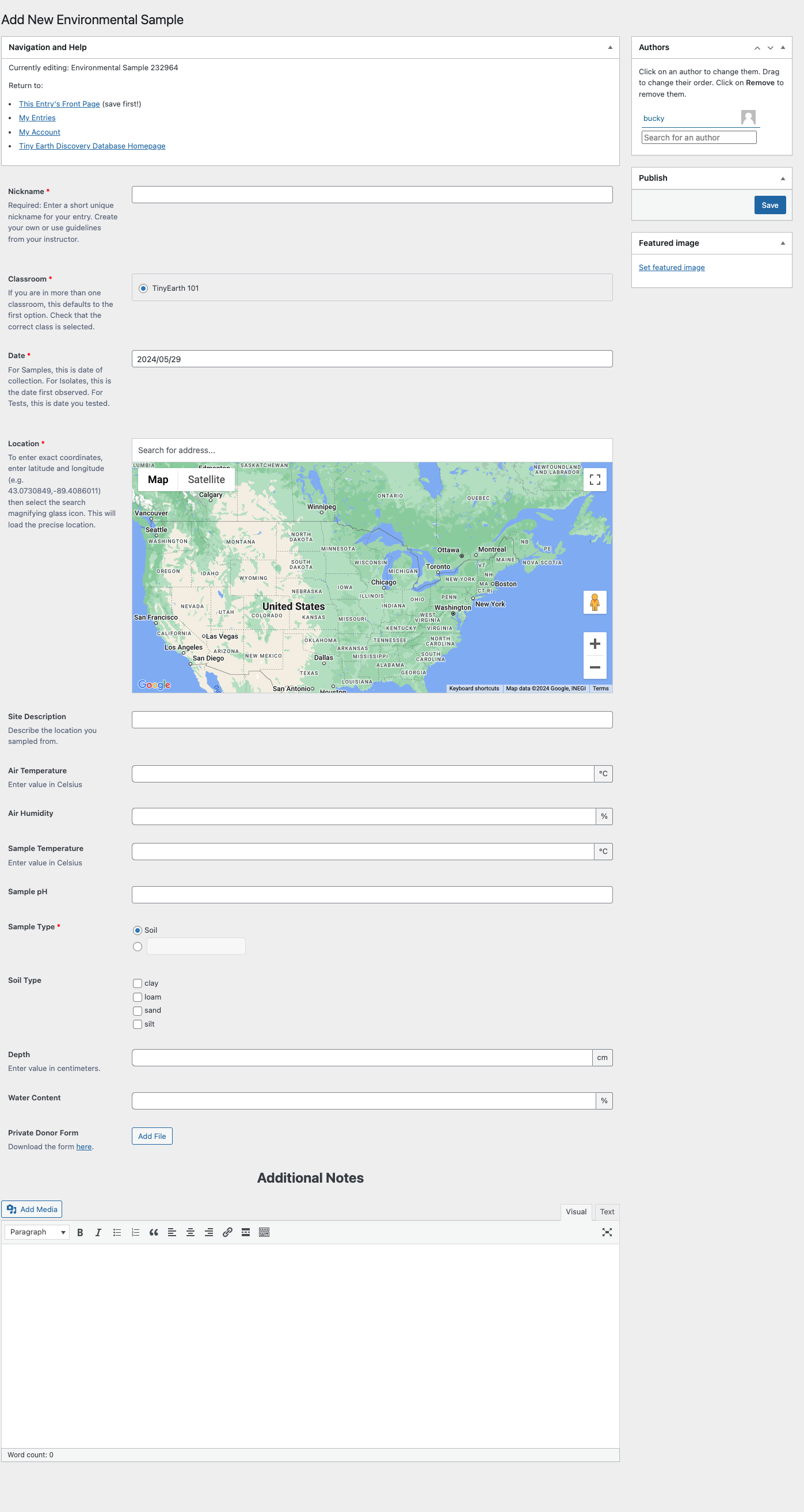 Form to enter data about an Environmental Sample